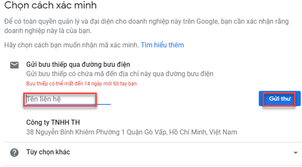 Thêm thông tin liên hệ và gửi để xác minh